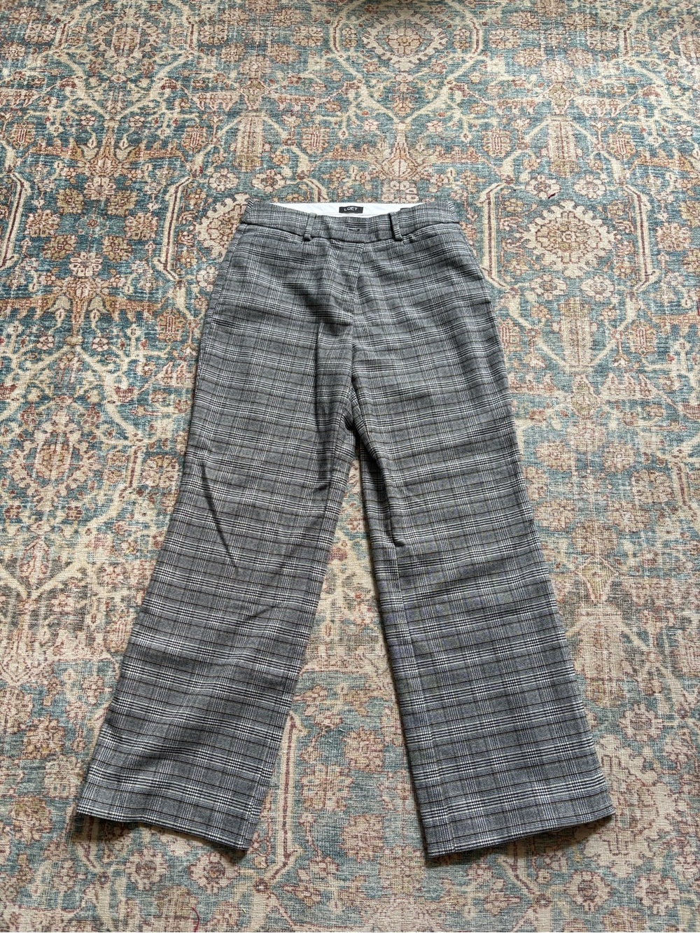 LOFT Gray Plaid Wide-Leg Trousers